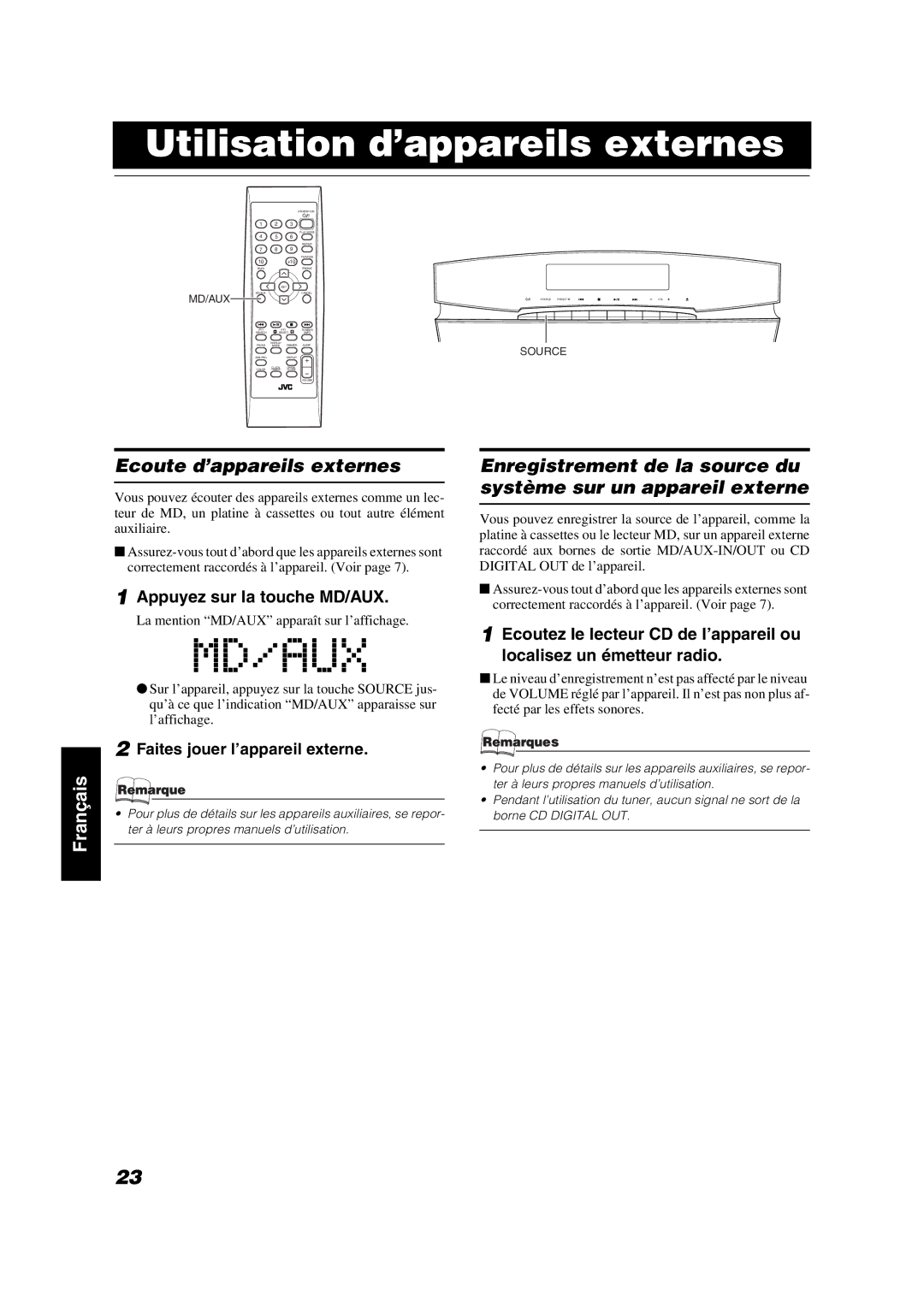 JVC VS-DT6R, VS-DT9R, VS-DT7R Utilisation d’appareils externes, Ecoute d’appareils externes, Appuyez sur la touche MD/AUX 