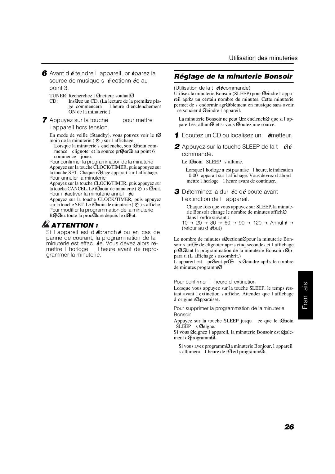 JVC VS-DT6R, VS-DT9R Réglage de la minuterie Bonsoir, Point, Appuyez sur la touche % pour mettre l’appareil hors tension 