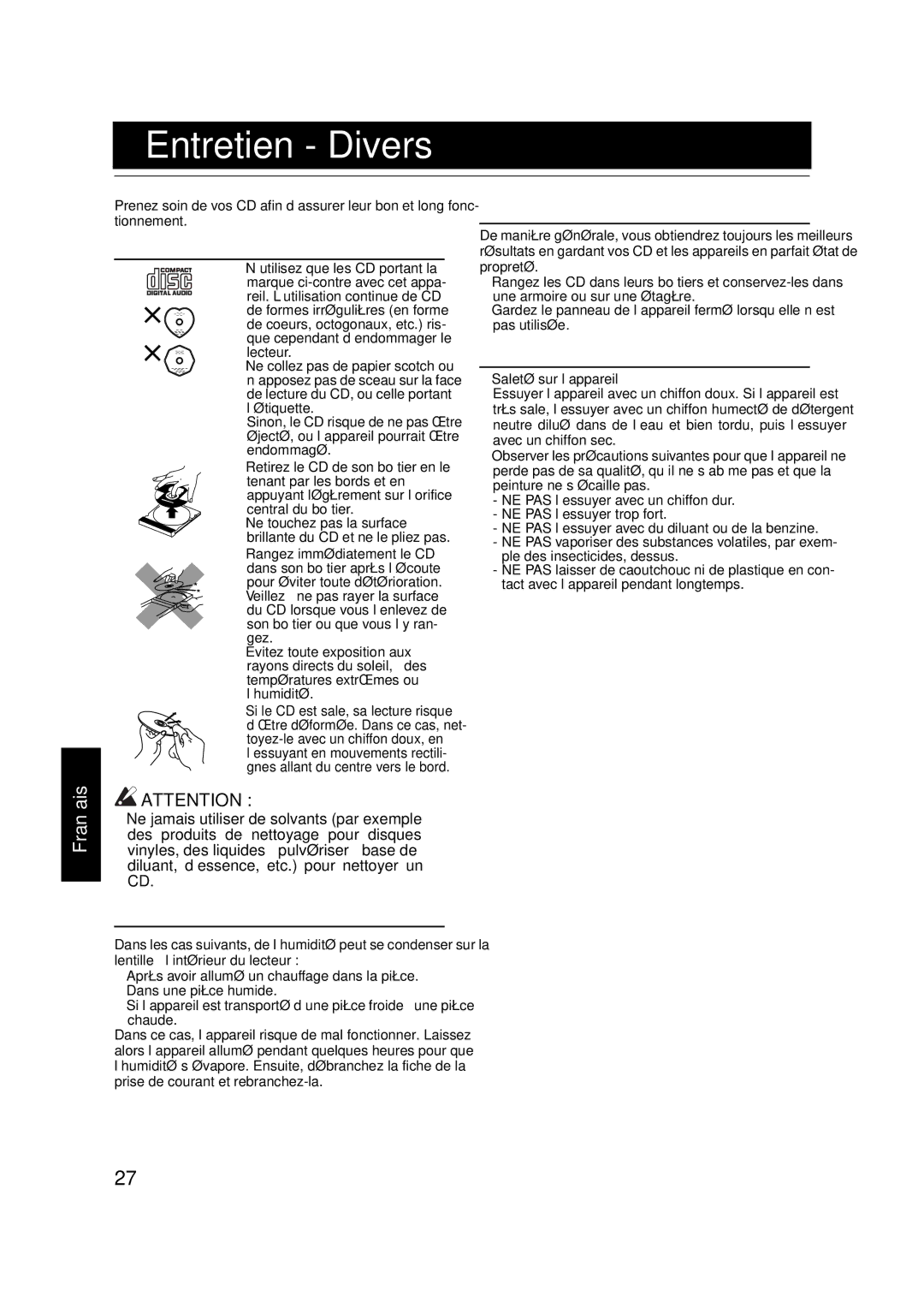 JVC VS-DT7R, VS-DT9R, VS-DT6R manual Entretien Divers, Disques compacts, Condensation, Nettoyage de l’appareil 