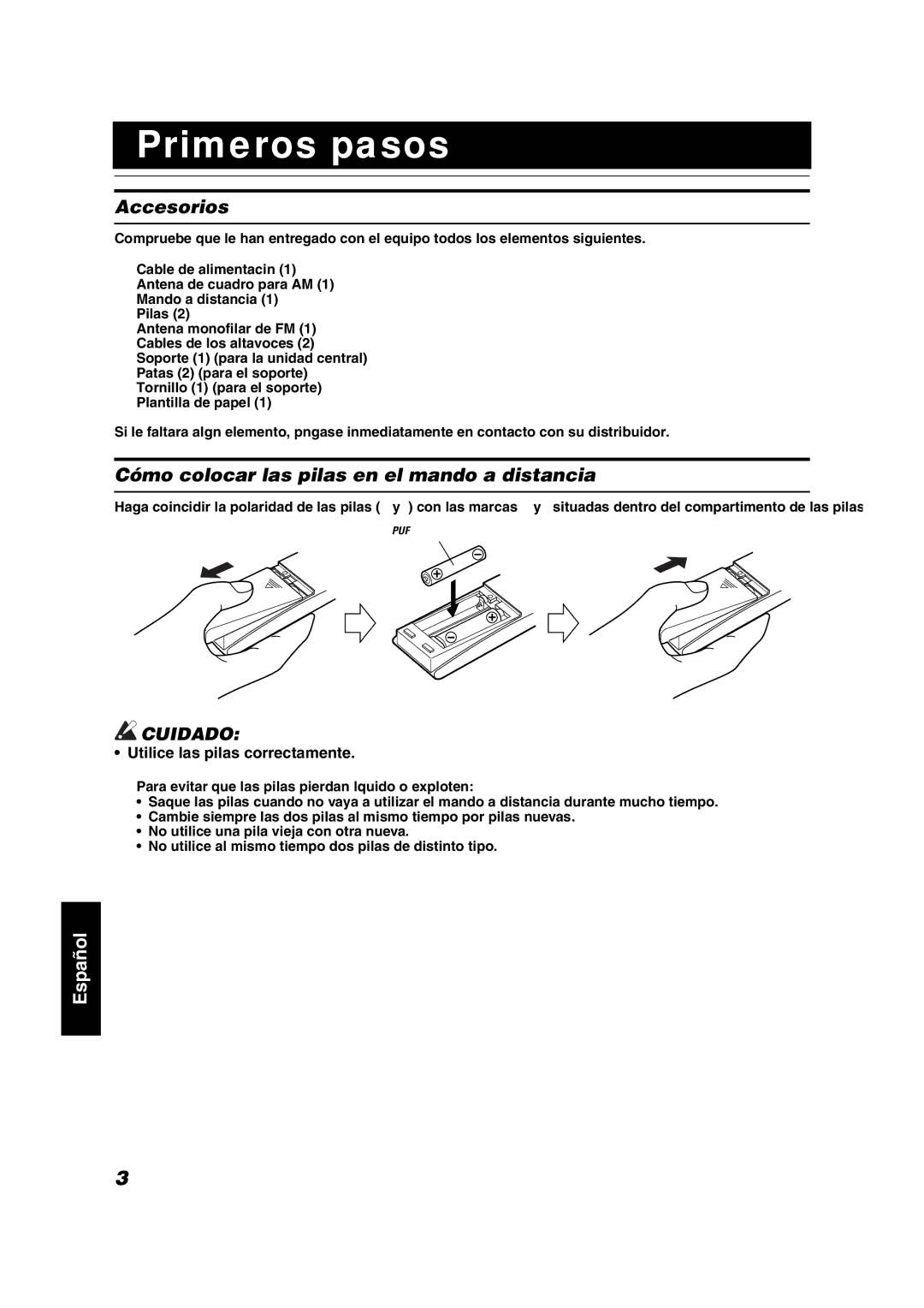 JVC VS-DT7R Primeros pasos, Accesorios, Cómo colocar las pilas en el mando a distancia, Utilice las pilas correctamente 