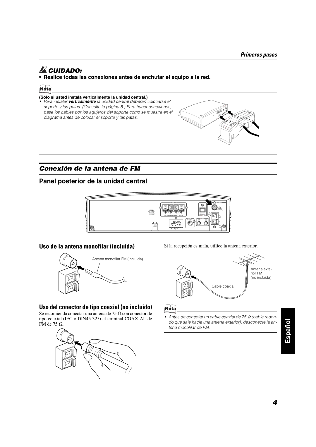 JVC VS-DT9R manual Conexión de la antena de FM, Panel posterior de la unidad central, Uso de la antena monofilar incluida 