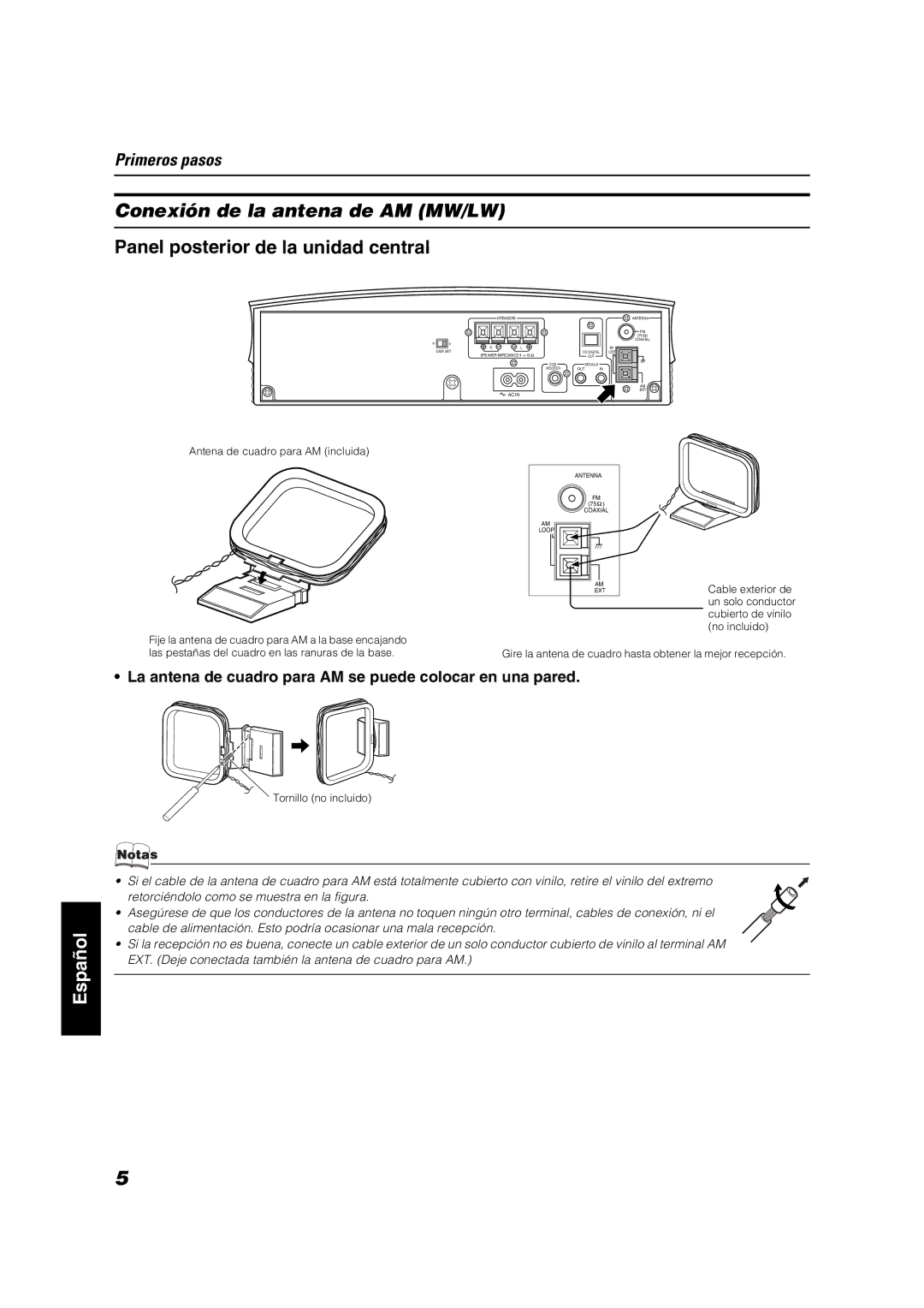 JVC VS-DT6R, VS-DT9R, VS-DT7R Conexión de la antena de AM MW/LW, La antena de cuadro para AM se puede colocar en una pared 