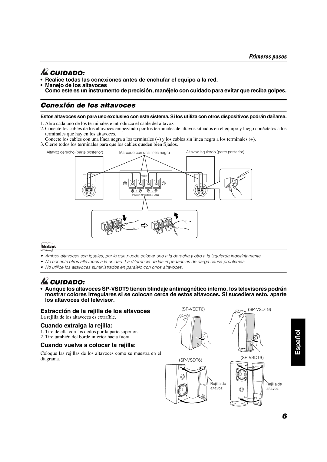 JVC VS-DT7R, VS-DT9R manual Conexión de los altavoces, Extracción de la rejilla de los altavoces, Cuando extraiga la rejilla 