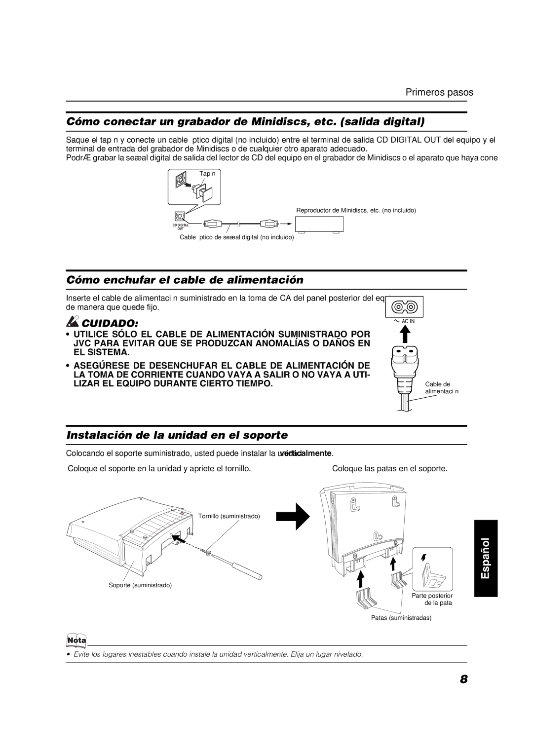 JVC VS-DT6R, VS-DT9R Cómo conectar un grabador de Minidiscs, etc. salida digital, Cómo enchufar el cable de alimentación 