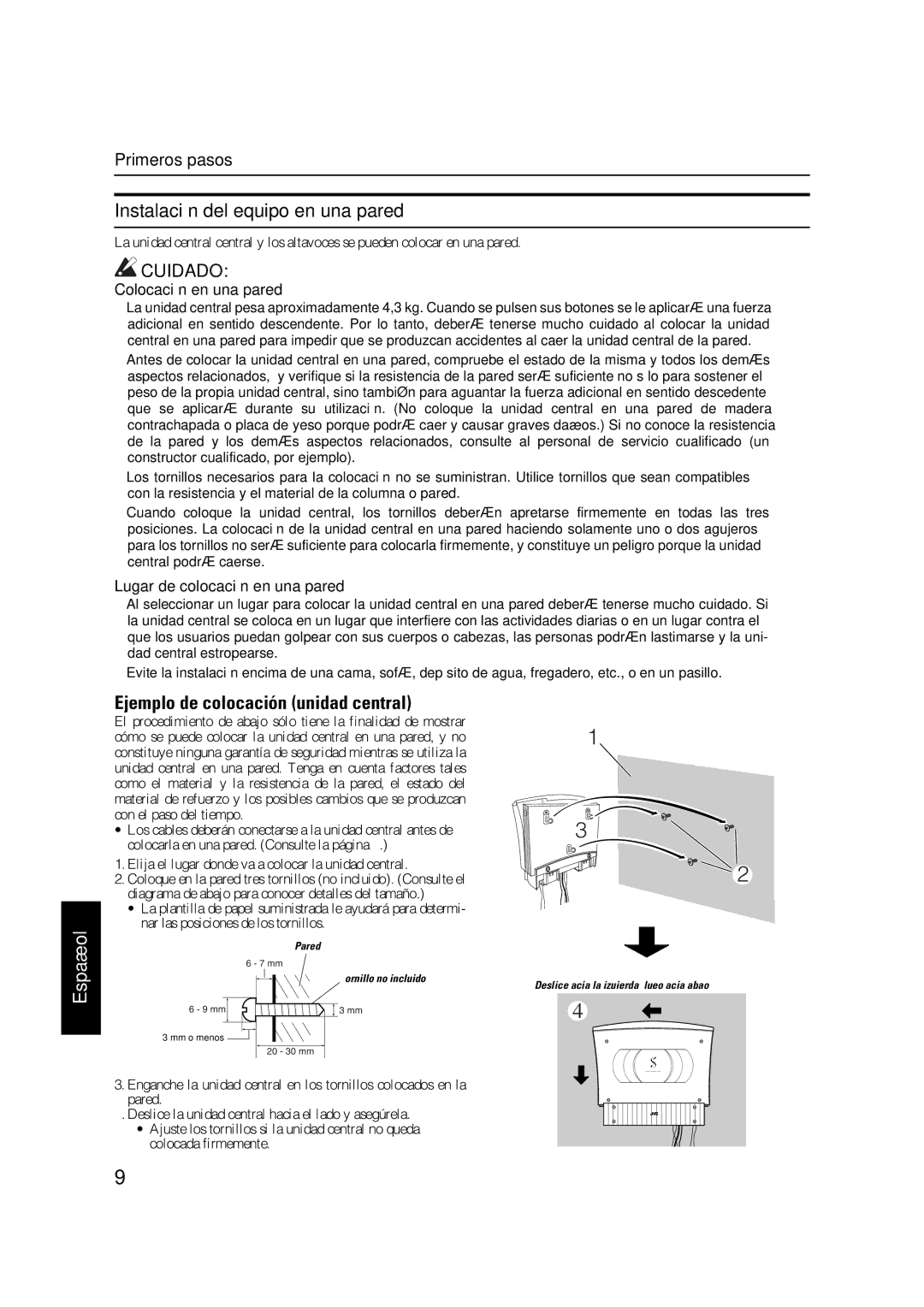 JVC VS-DT7R, VS-DT9R Instalación del equipo en una pared, Ejemplo de colocación unidad central, Colocación en una pared 