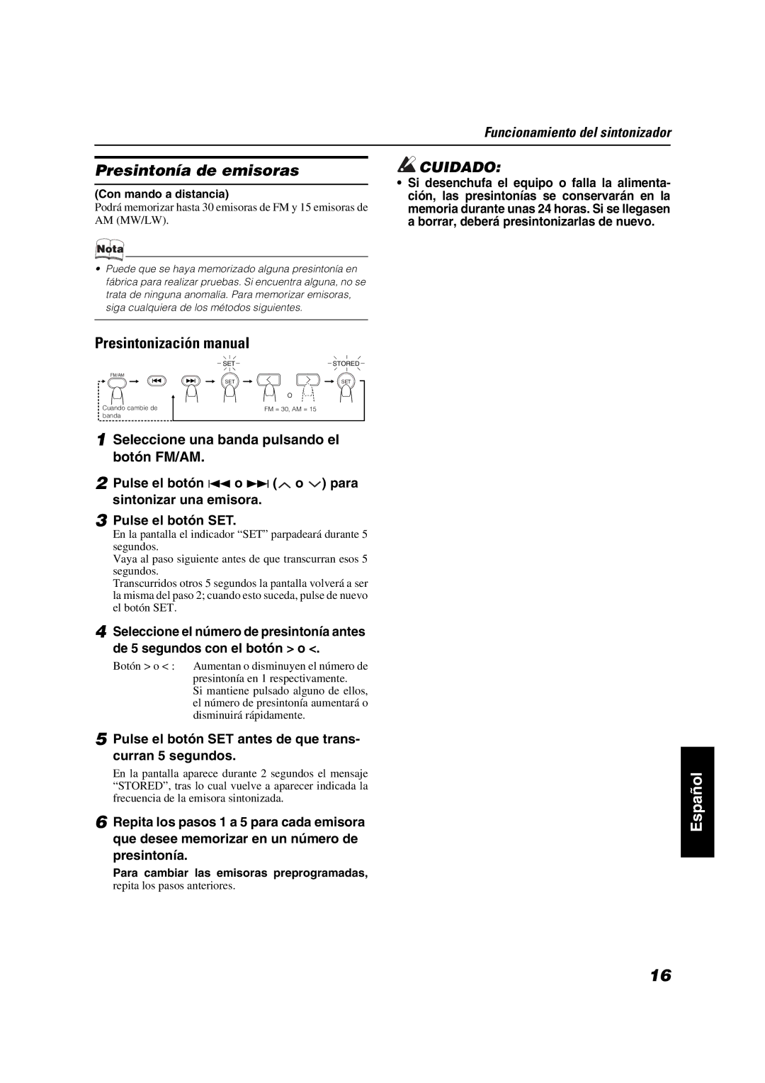 JVC VS-DT9R Presintonía de emisoras, Presintonización manual, Pulse el botón SET antes de que trans- curran 5 segundos 