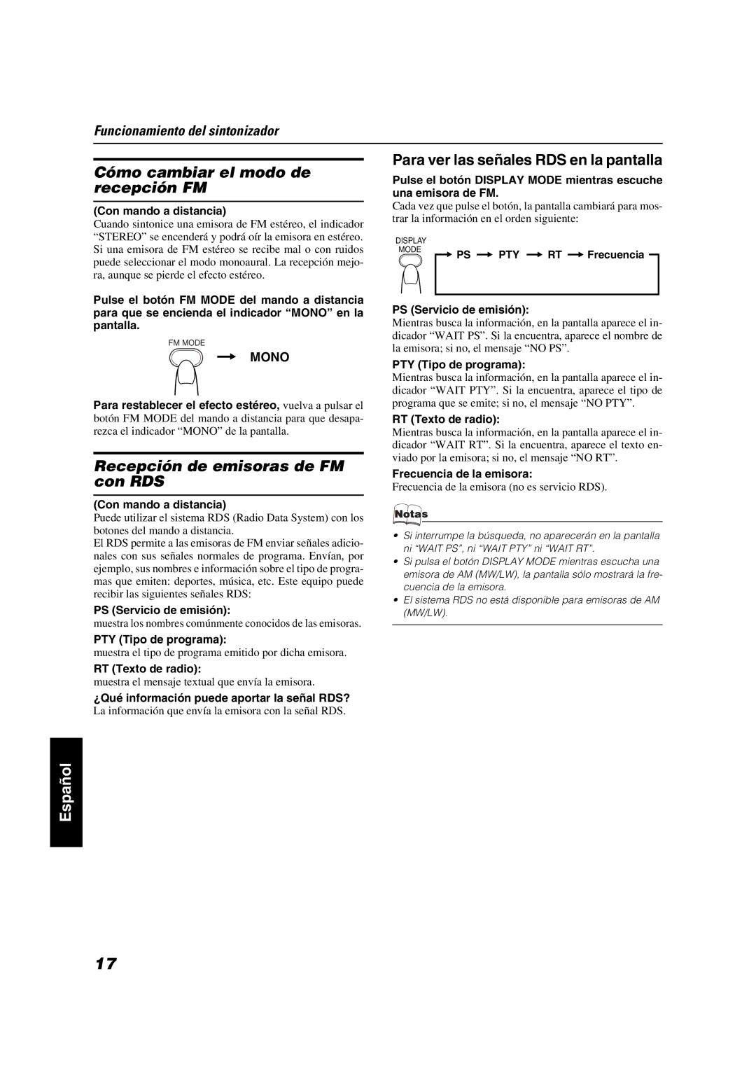 JVC VS-DT6R, VS-DT9R, VS-DT7R manual Cómo cambiar el modo de recepción FM, Para ver las señales RDS en la pantalla 