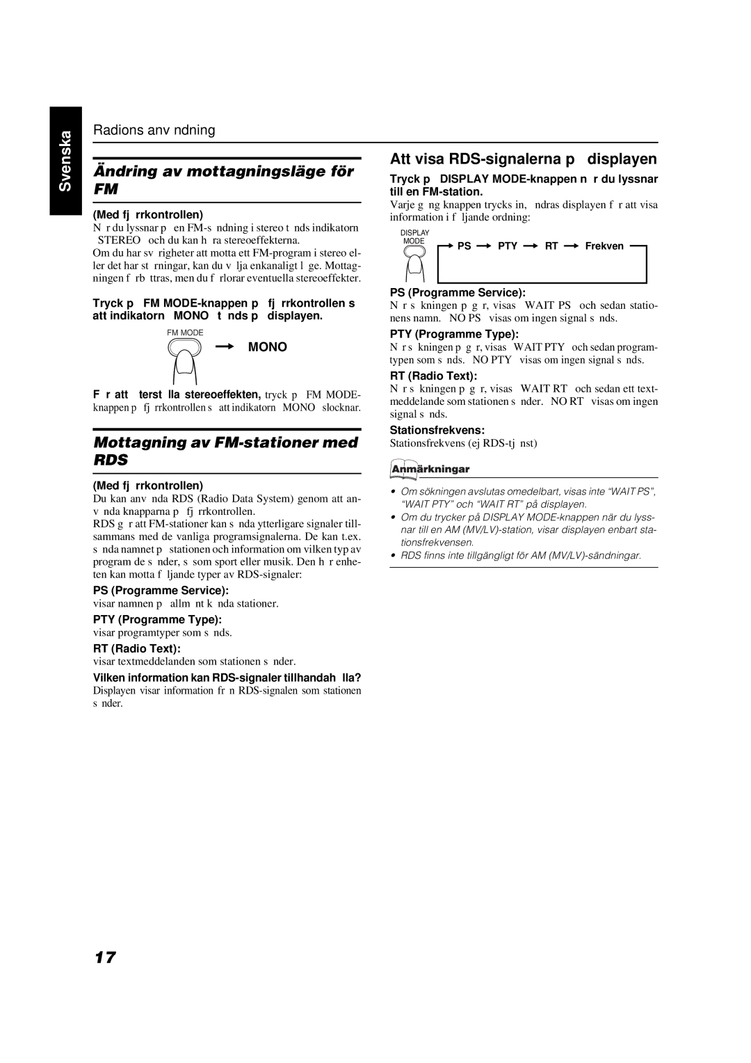 JVC VS-DT6R, VS-DT9R Ändring av mottagningsläge för, Mottagning av FM-stationer med, Att visa RDS-signalerna på displayen 