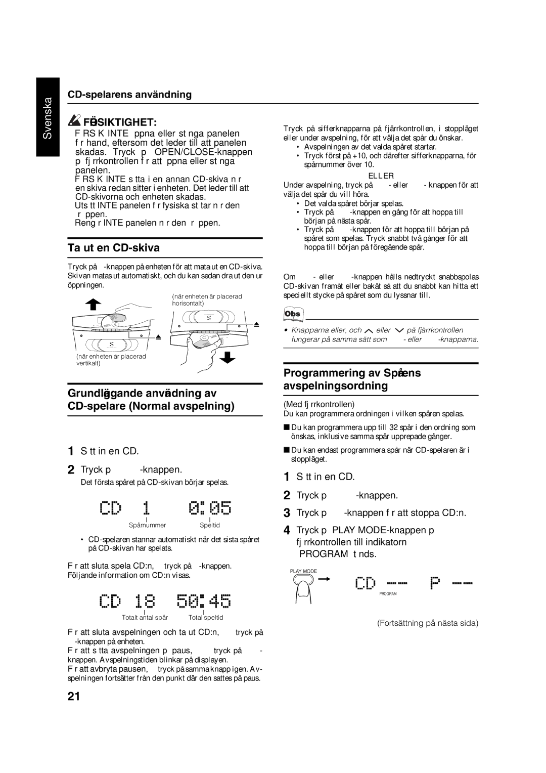 JVC VS-DT7R, VS-DT9R, VS-DT6R manual Ta ut en CD-skiva, Grundläggande användning av CD-spelare Normal avspelning 