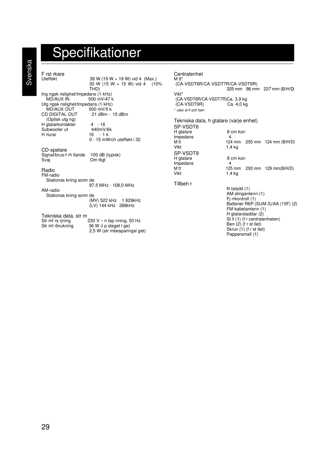 JVC VS-DT6R, VS-DT9R, VS-DT7R manual Specifikationer 