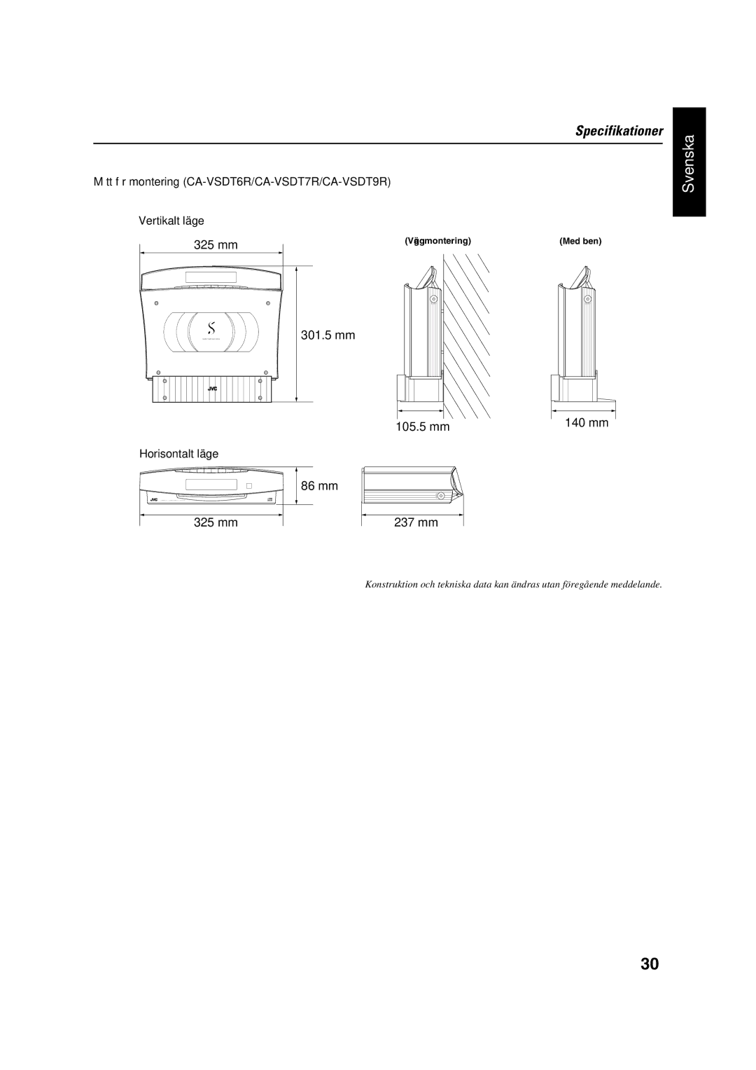 JVC VS-DT7R, VS-DT9R, VS-DT6R manual Mått för montering CA-VSDT6R/CA-VSDT7R/CA-VSDT9R 