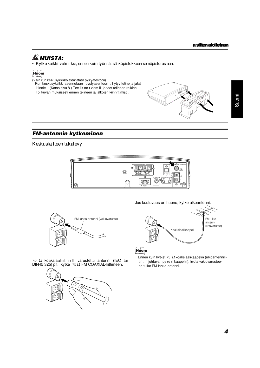 JVC VS-DT9R, VS-DT6R manual FM-antennin kytkeminen, Keskuslaitteen takalevy, Mukana toimitetun lanka-antennin kytkemi- nen 