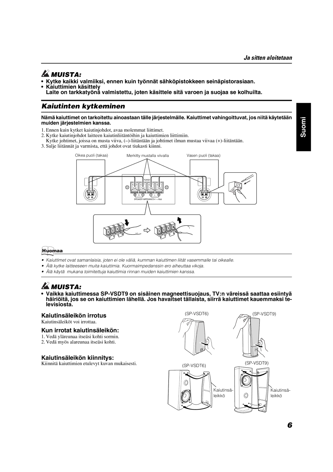 JVC VS-DT7R manual Kaiutinten kytkeminen, Kaiutinsäleikön irrotus, Kun irrotat kaiutinsäleikön, Kaiutinsäleikön kiinnitys 