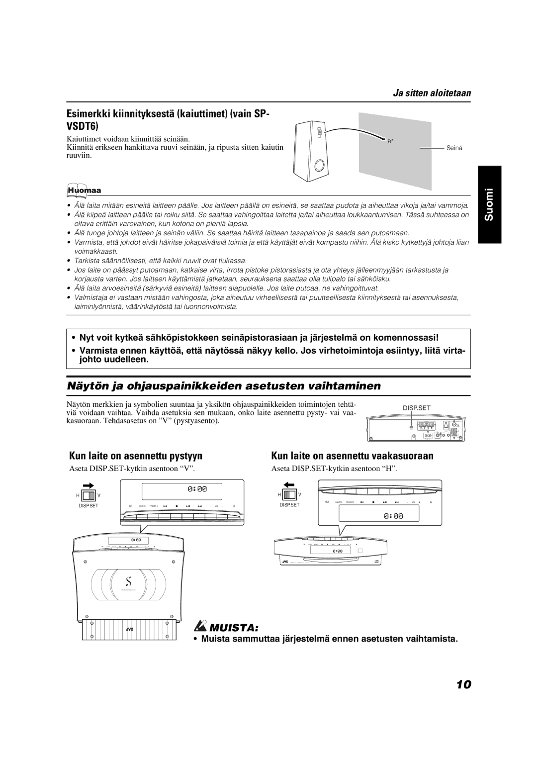 JVC VS-DT9R manual Esimerkki kiinnityksestä kaiuttimet vain SP, Näytön ja ohjauspainikkeiden asetusten vaihtaminen, Ruuviin 