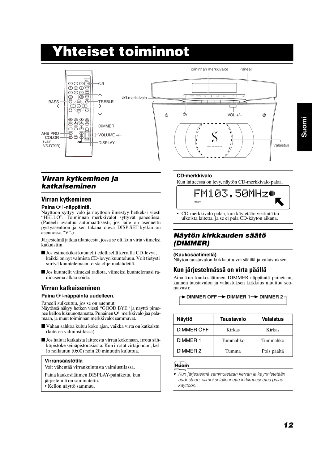 JVC VS-DT7R, VS-DT9R, VS-DT6R manual Yhteiset toiminnot, Virran kytkeminen ja katkaiseminen, Näytön kirkkauden säätö Dimmer 