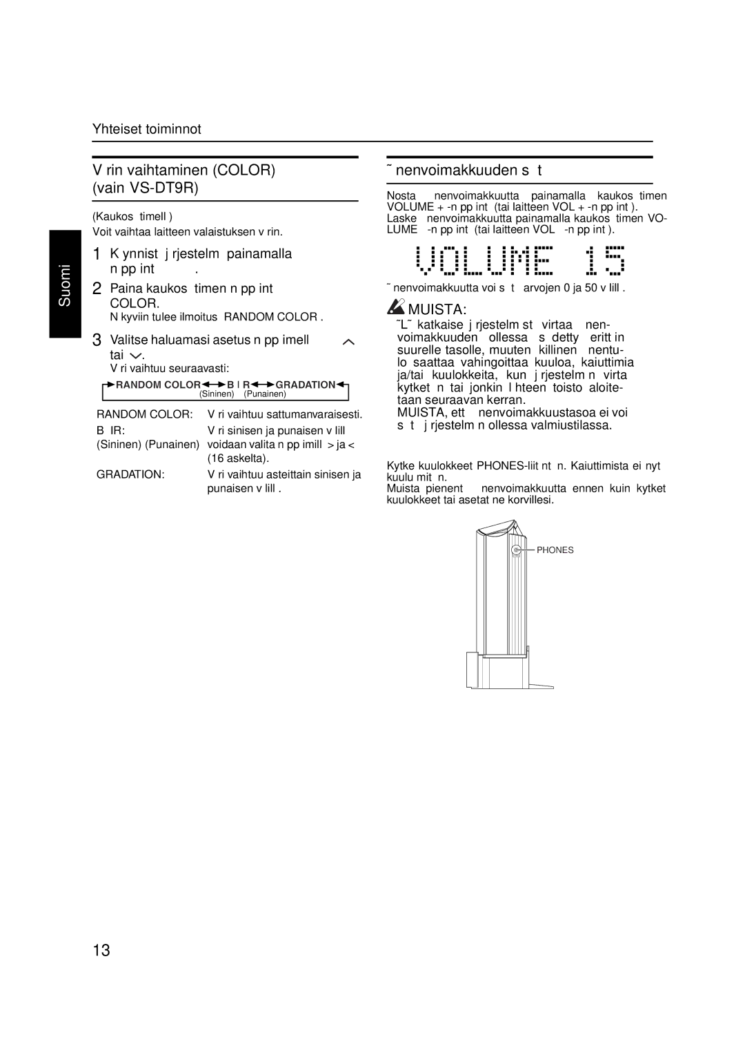 JVC VS-DT9R, VS-DT6R, VS-DT7R manual Kuuntelu kuulokkeilla, Valitse haluamasi asetus näppäimellä tai 