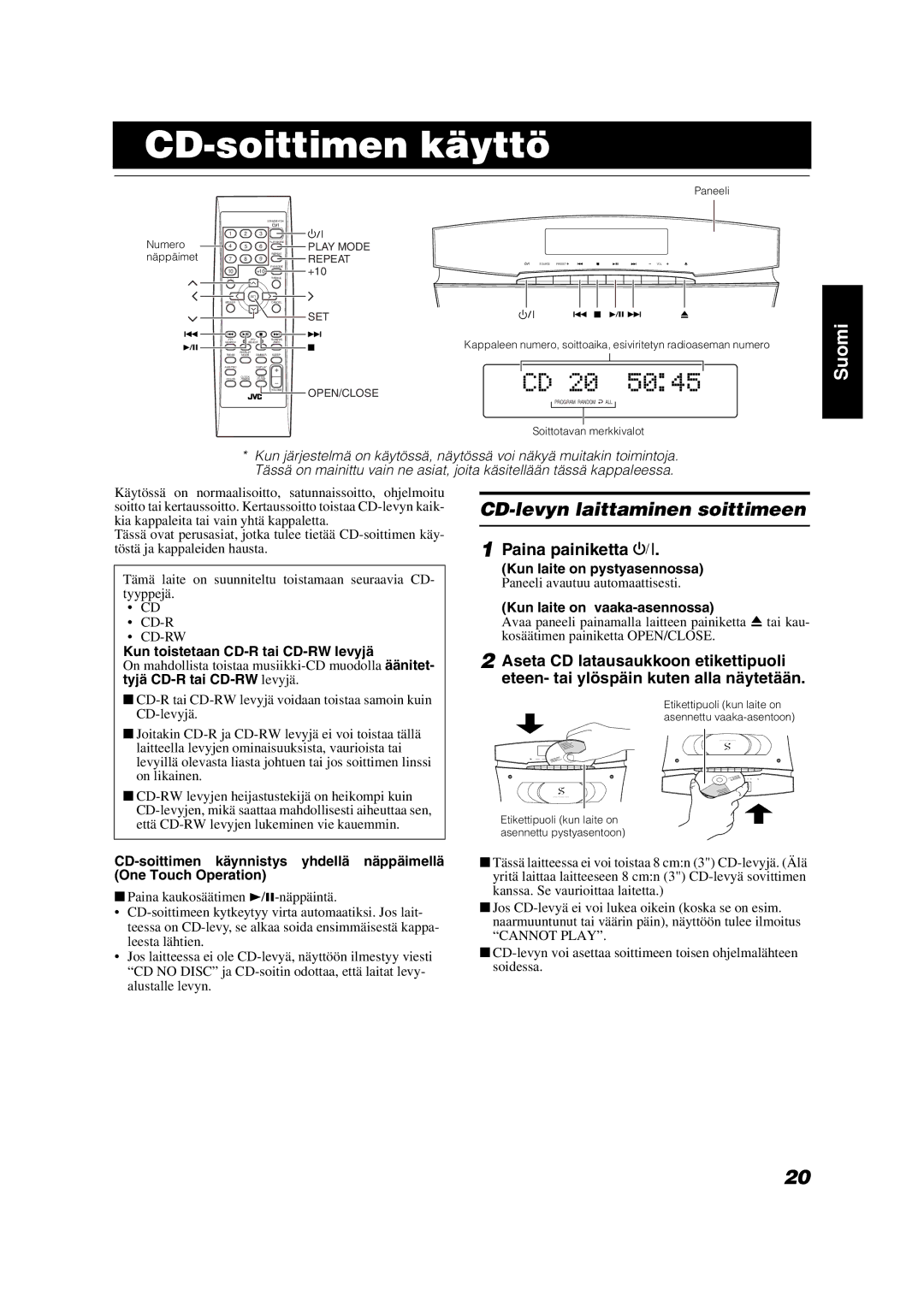 JVC VS-DT6R, VS-DT9R, VS-DT7R manual CD-soittimen käyttö, CD-levyn laittaminen soittimeen, Paina painiketta % 