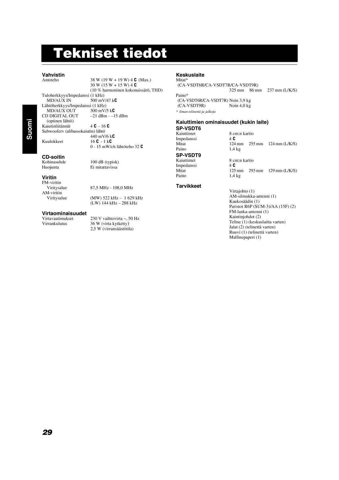 JVC VS-DT6R, VS-DT9R, VS-DT7R manual Tekniset tiedot 