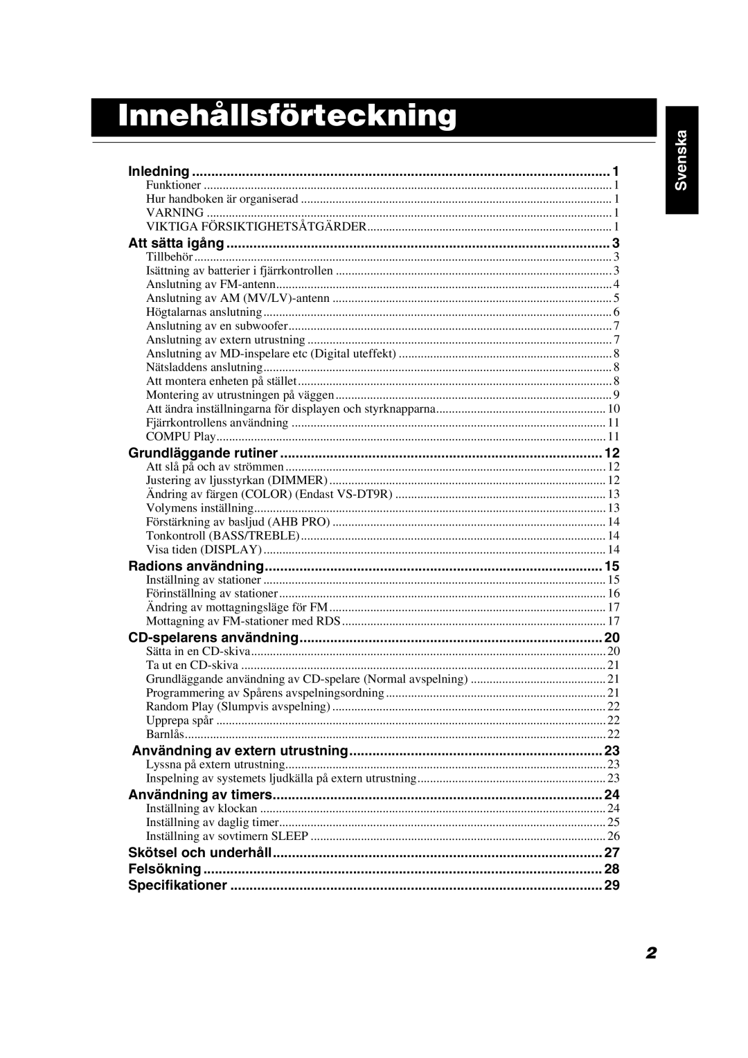 JVC VS-DT6R, VS-DT9R, VS-DT7R manual Innehållsförteckning, Inledning 