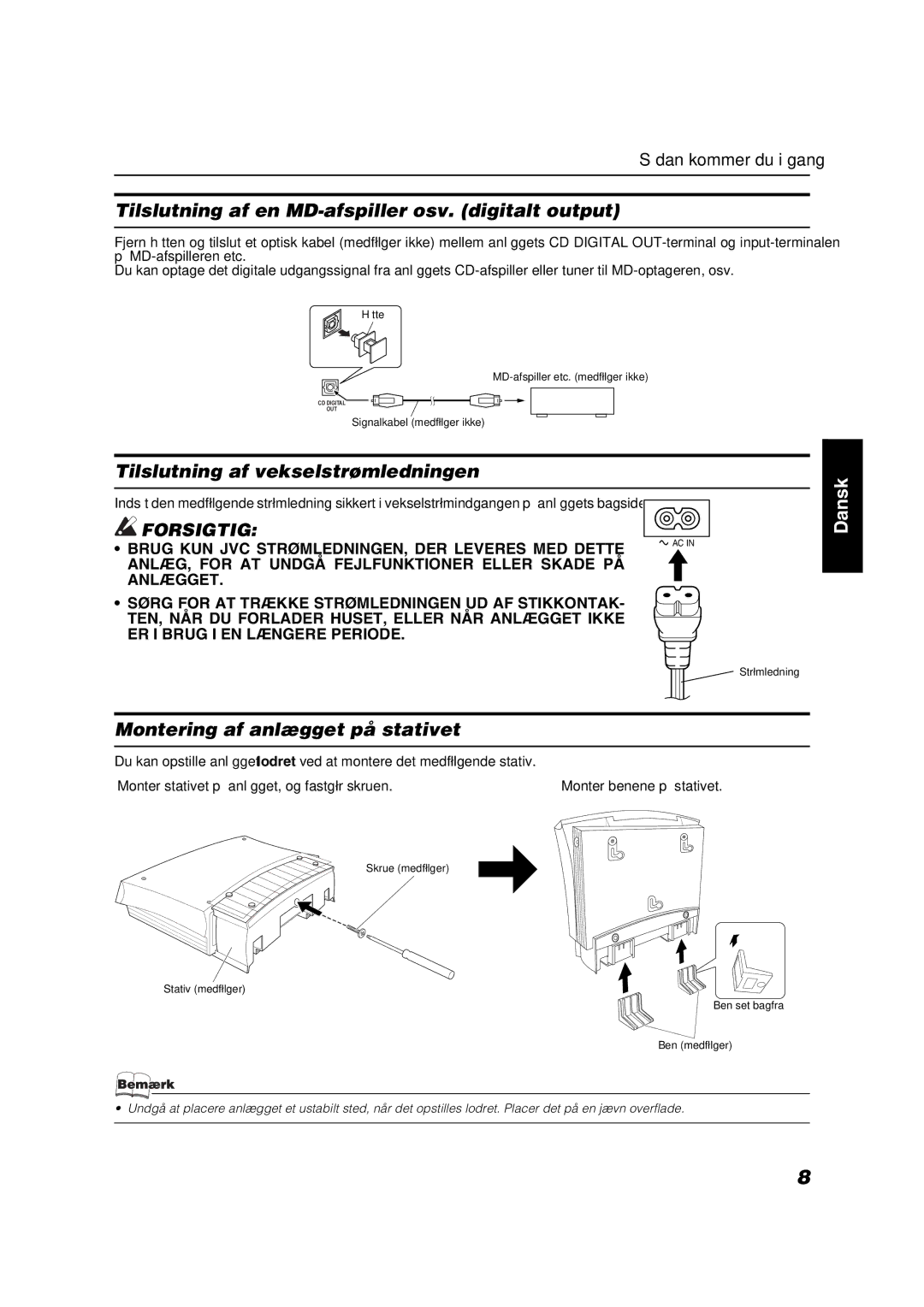 JVC VS-DT6R, VS-DT9R, VS-DT7R manual Tilslutning af en MD-afspiller osv. digitalt output, Tilslutning af vekselstrømledningen 