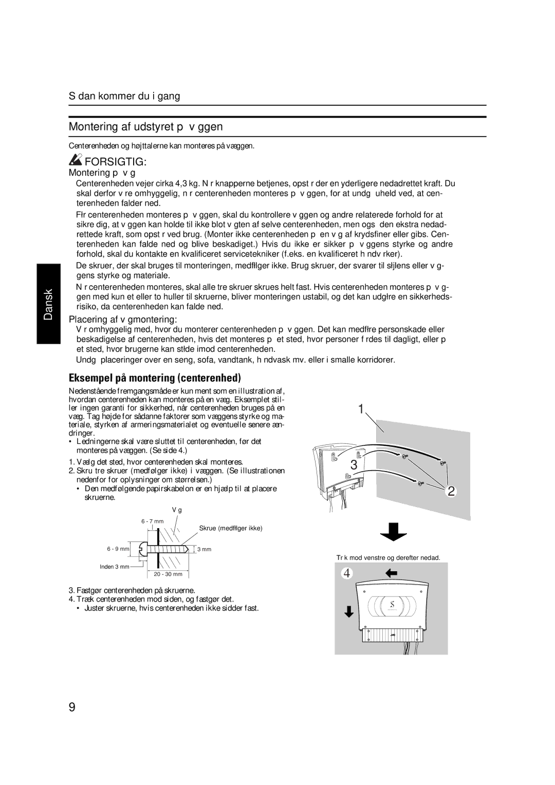 JVC VS-DT7R, VS-DT9R, VS-DT6R manual Montering af udstyret på væggen, Eksempel på montering centerenhed, Montering på væg 