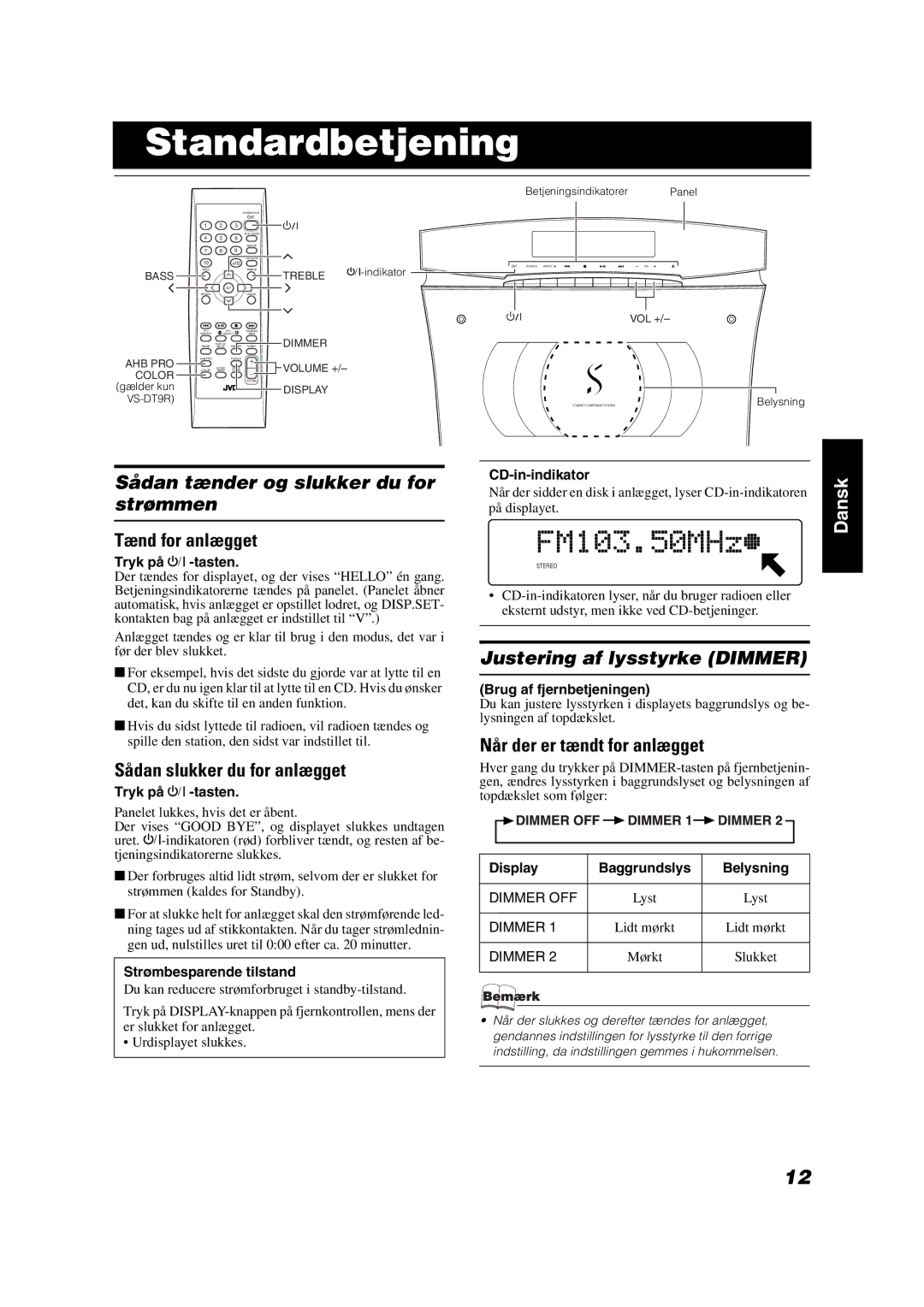 JVC VS-DT7R, VS-DT9R, VS-DT6R Standardbetjening, Sådan tænder og slukker du for strømmen, Justering af lysstyrke Dimmer 