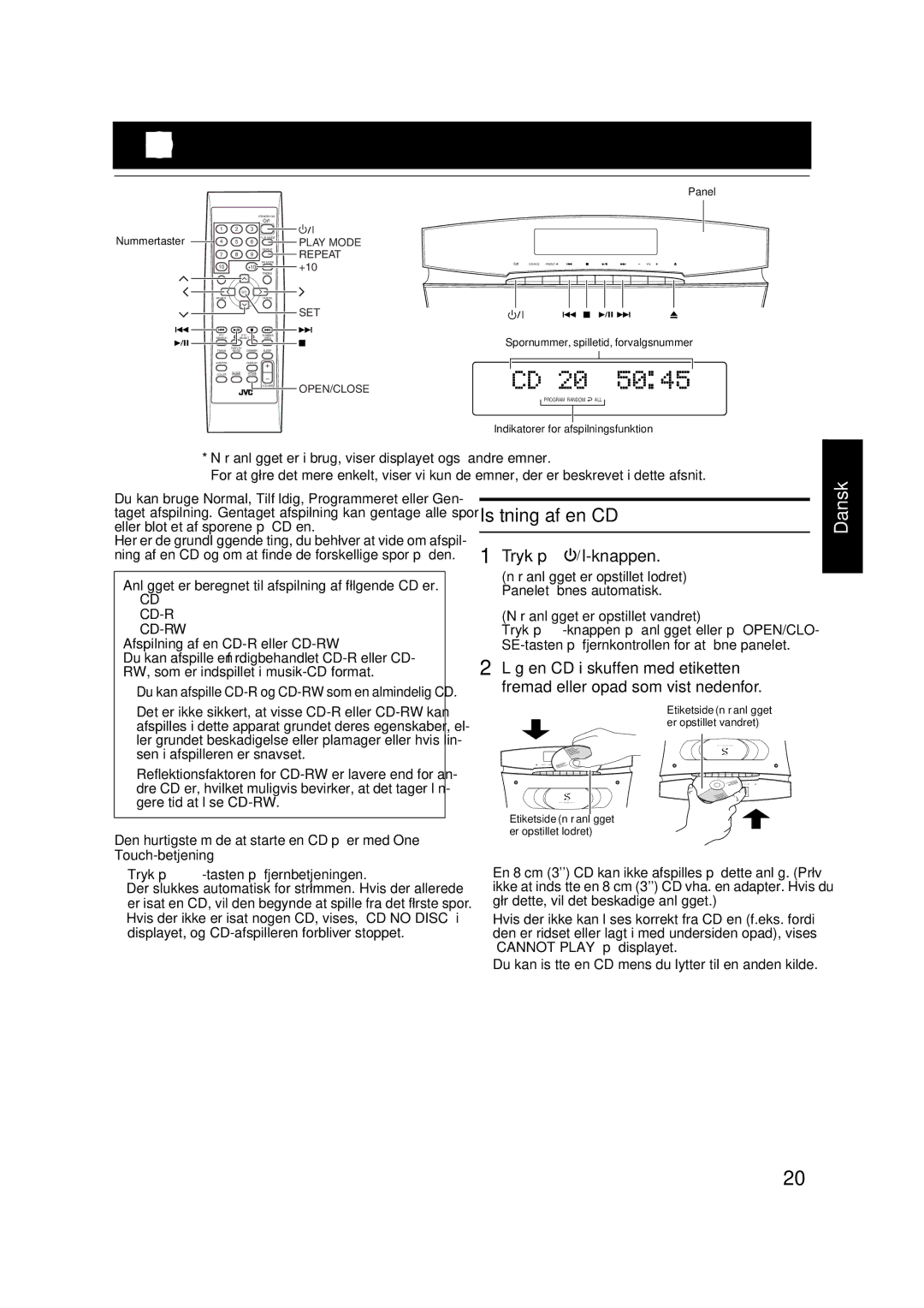 JVC VS-DT6R, VS-DT9R, VS-DT7R manual Brug af CD-afspilleren, Isætning af en CD, Tryk på %-knappen 