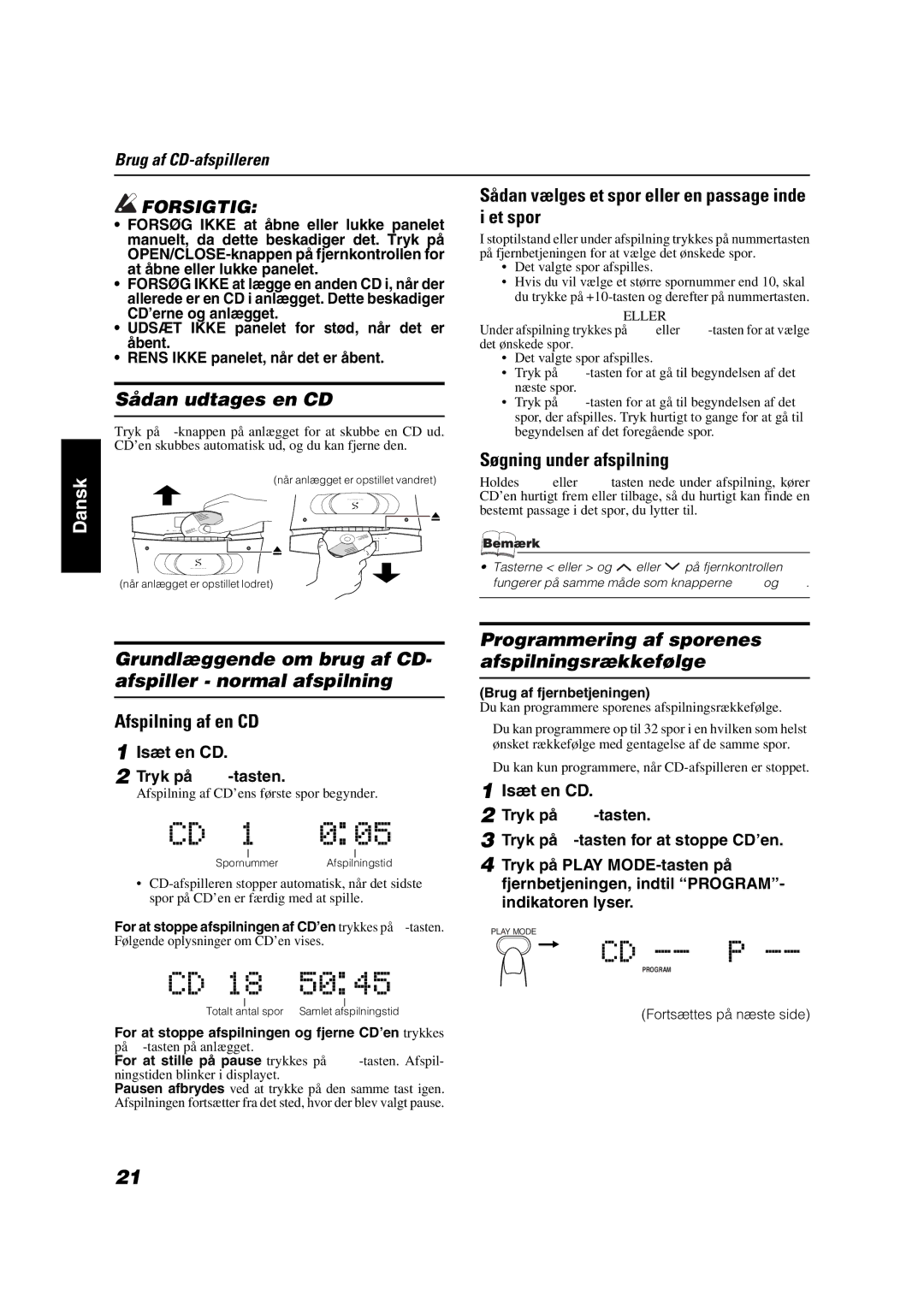 JVC VS-DT7R, VS-DT9R, VS-DT6R manual Sådan udtages en CD, Grundlæggende om brug af CD- afspiller normal afspilning 