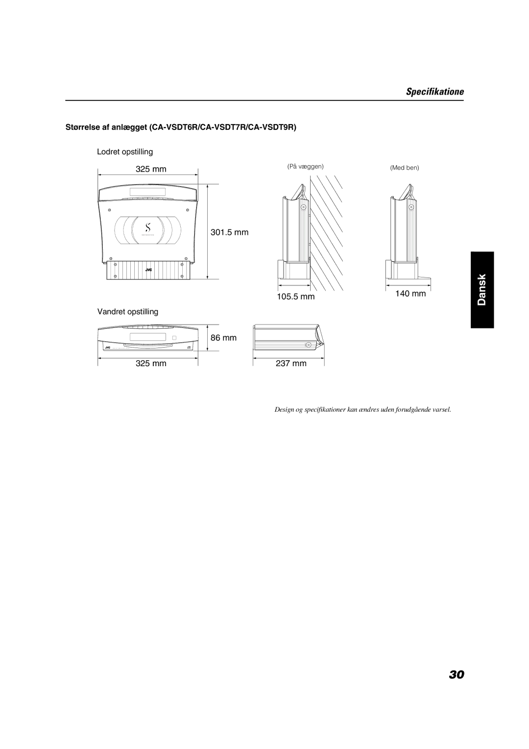 JVC VS-DT7R, VS-DT9R, VS-DT6R manual Specifikatione, Størrelse af anlægget CA-VSDT6R/CA-VSDT7R/CA-VSDT9R 