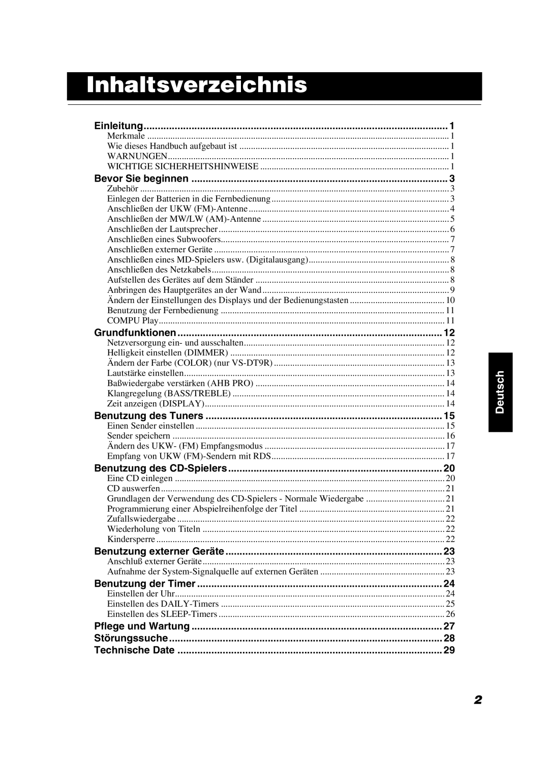 JVC VS-DT6R, VS-DT9R, VS-DT7R Inhaltsverzeichnis, Benutzung des CD-Spielers, Benutzung externer Geräte, Bevor Sie beginnen 