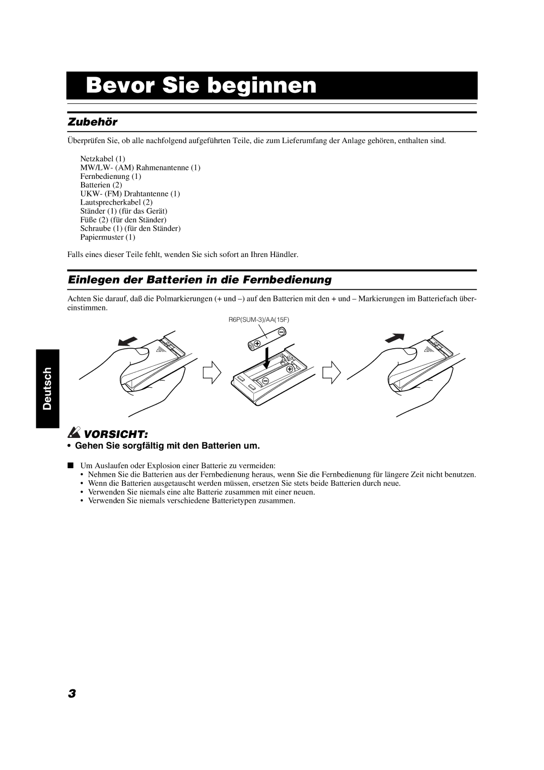 JVC VS-DT7R, VS-DT9R, VS-DT6R manual Bevor Sie beginnen, Zubehör, Einlegen der Batterien in die Fernbedienung 