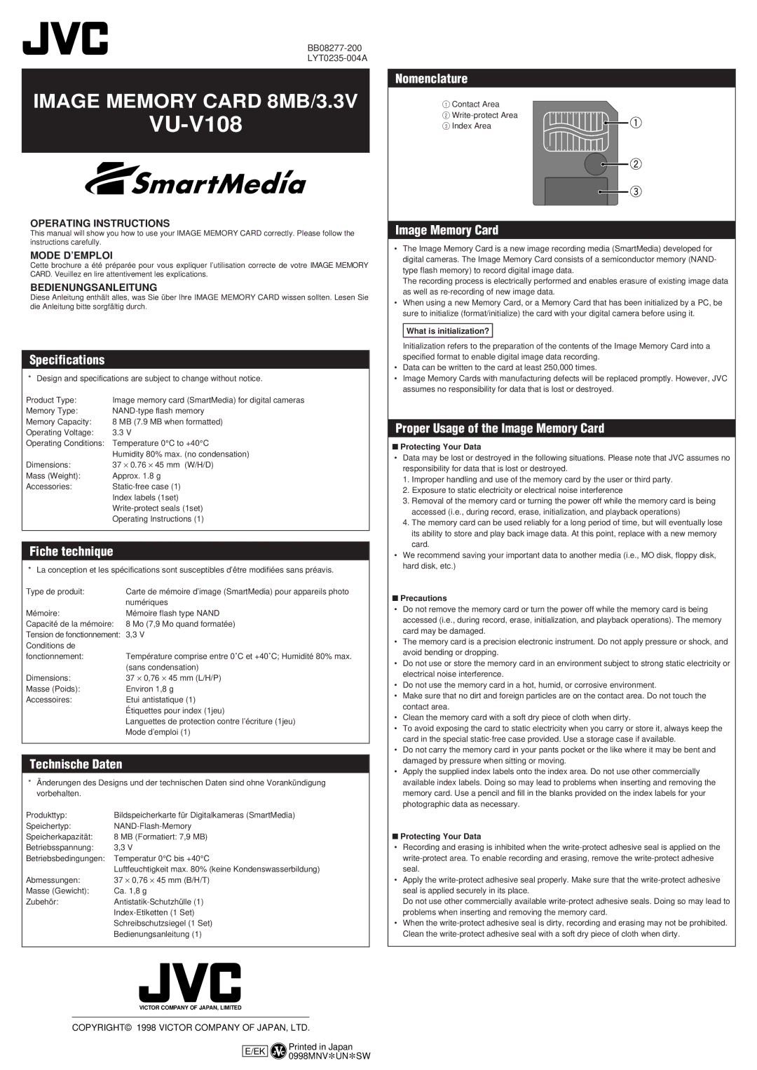 JVC VU-V108 specifications Specifications, Fiche technique, Technische Daten, Nomenclature, Image Memory Card 