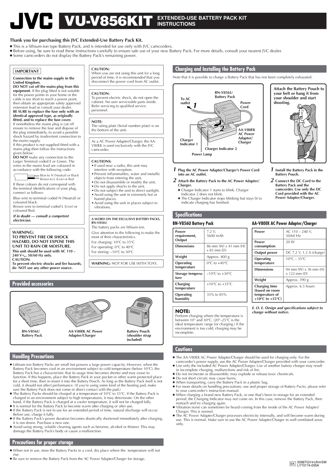 JVC VU-V856KIT specifications Charging and Installing the Battery Pack, Provided accessories, Specifications 