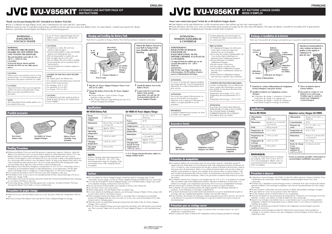 JVC VU-V856KIT specifications Charging and Installing the Battery Pack, Recharge et installation de la batterie 