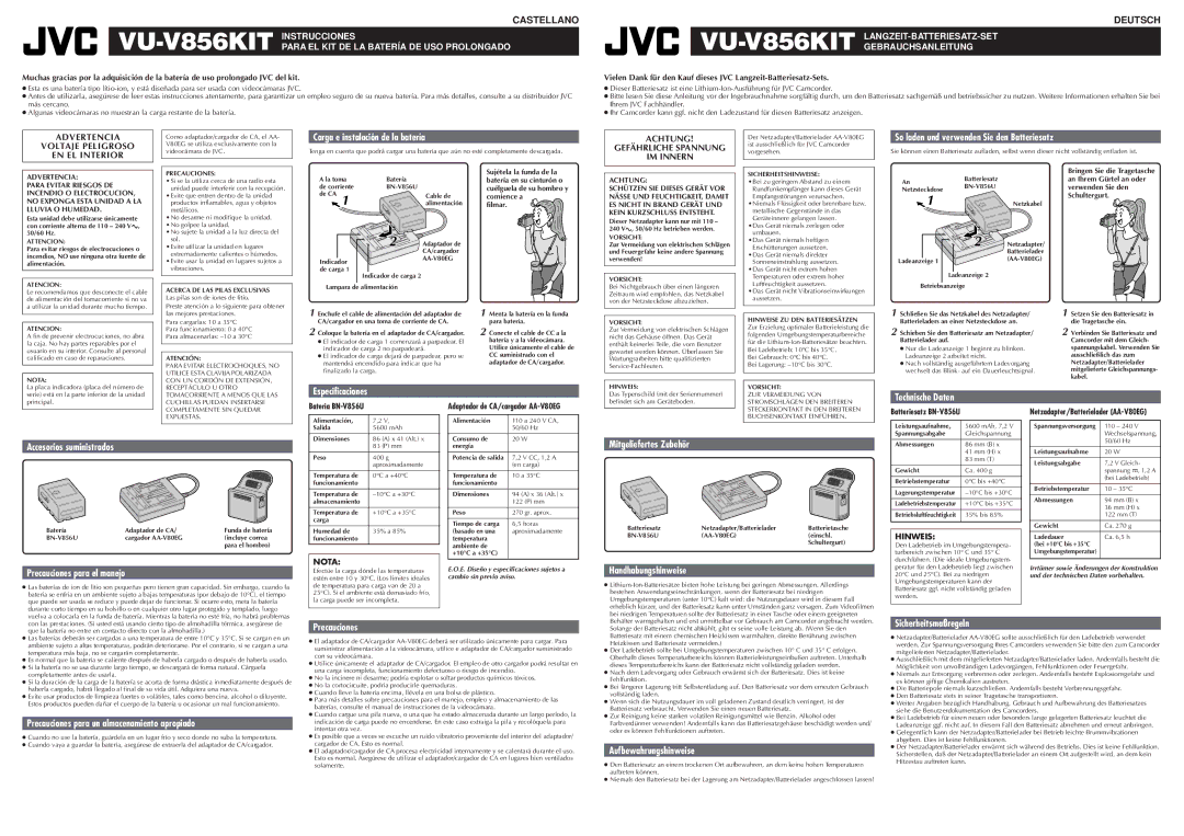 JVC VU-V856KIT Carga e instalación de la batería, So laden und verwenden Sie den Batteriesatz, Especificaciones 