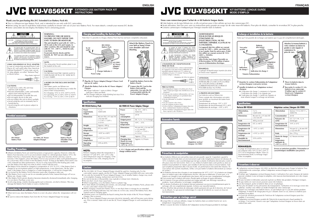 JVC VU V856KIT specifications Charging and Installing the Battery Pack, Recharge et installation de la batterie 