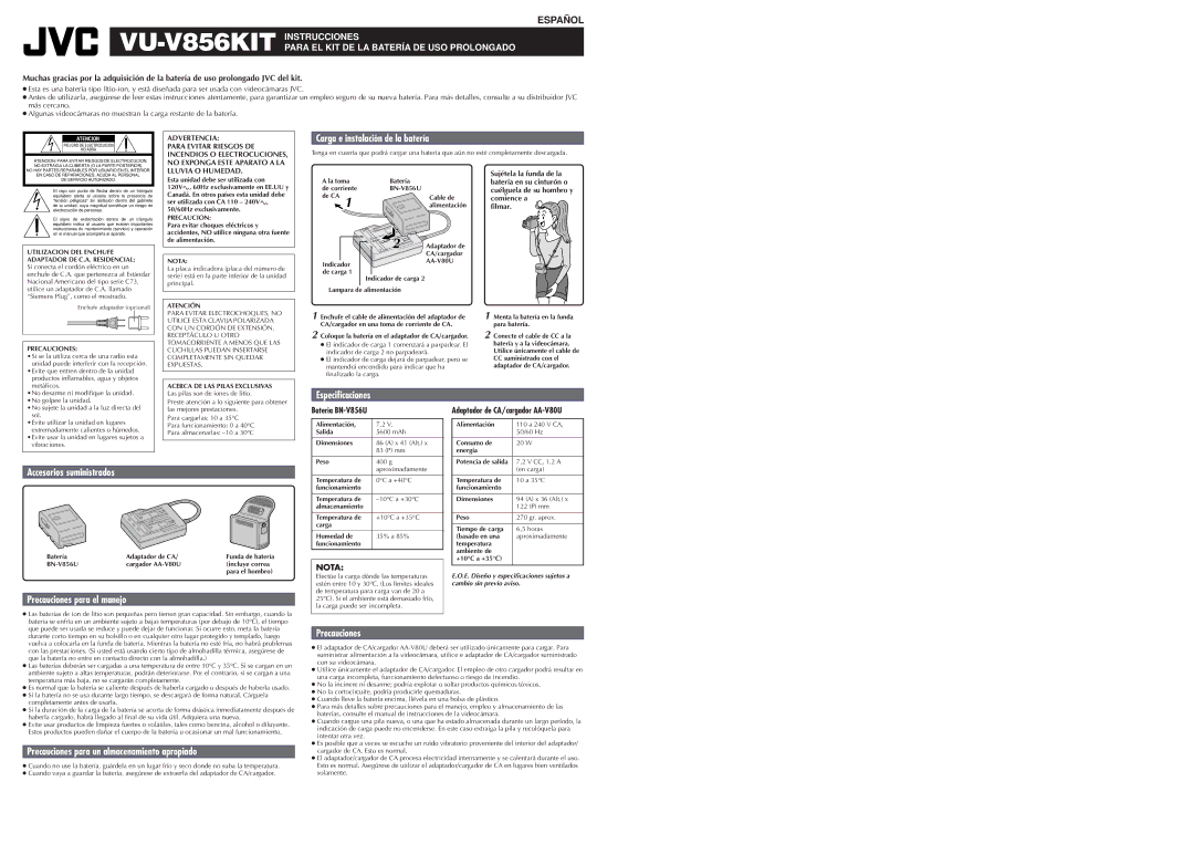 JVC VU V856KIT Carga e instalación de la batería, Especificaciones, Accesorios suministrados, Precauciones para el manejo 