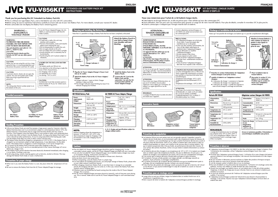 JVC VU-V856KIT specifications Charging and Installing the Battery Pack, Provided accessories, Specifications, Cautions 