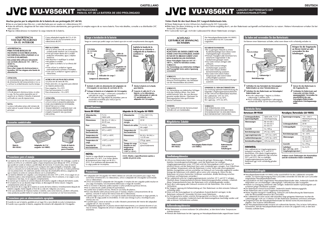 JVC VU-V856KIT specifications Castellano, Deutsch 