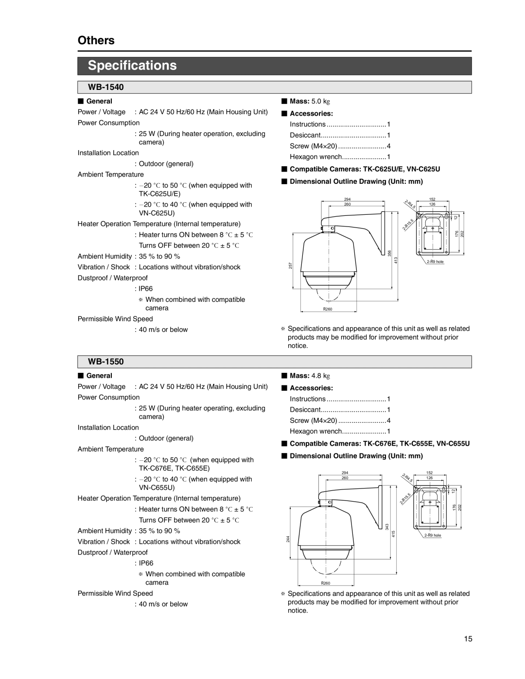 JVC WB-1550, WB-1540 manual Specifications,  General,  Mass 5.0 kg  Accessories,  Mass 4.8 kg  Accessories 