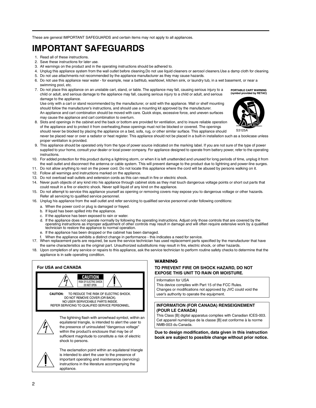 JVC WB-1540, WB-1550 manual Important Safeguards, For USA and Canada 