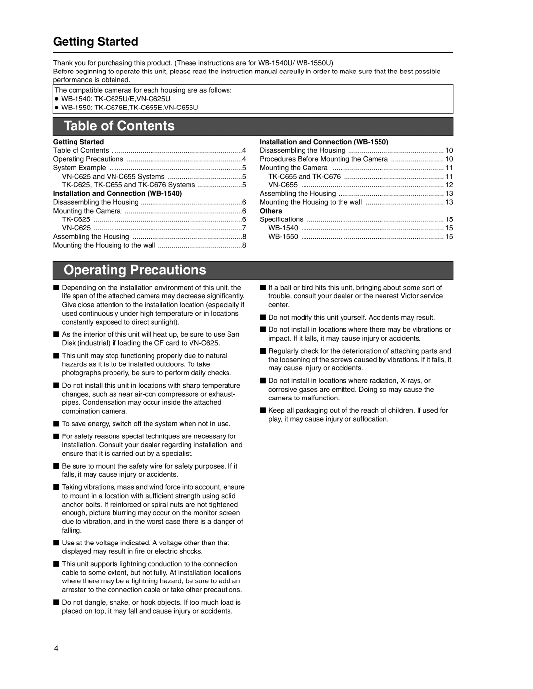 JVC WB-1540, WB-1550 manual Table of Contents, Operating Precautions 