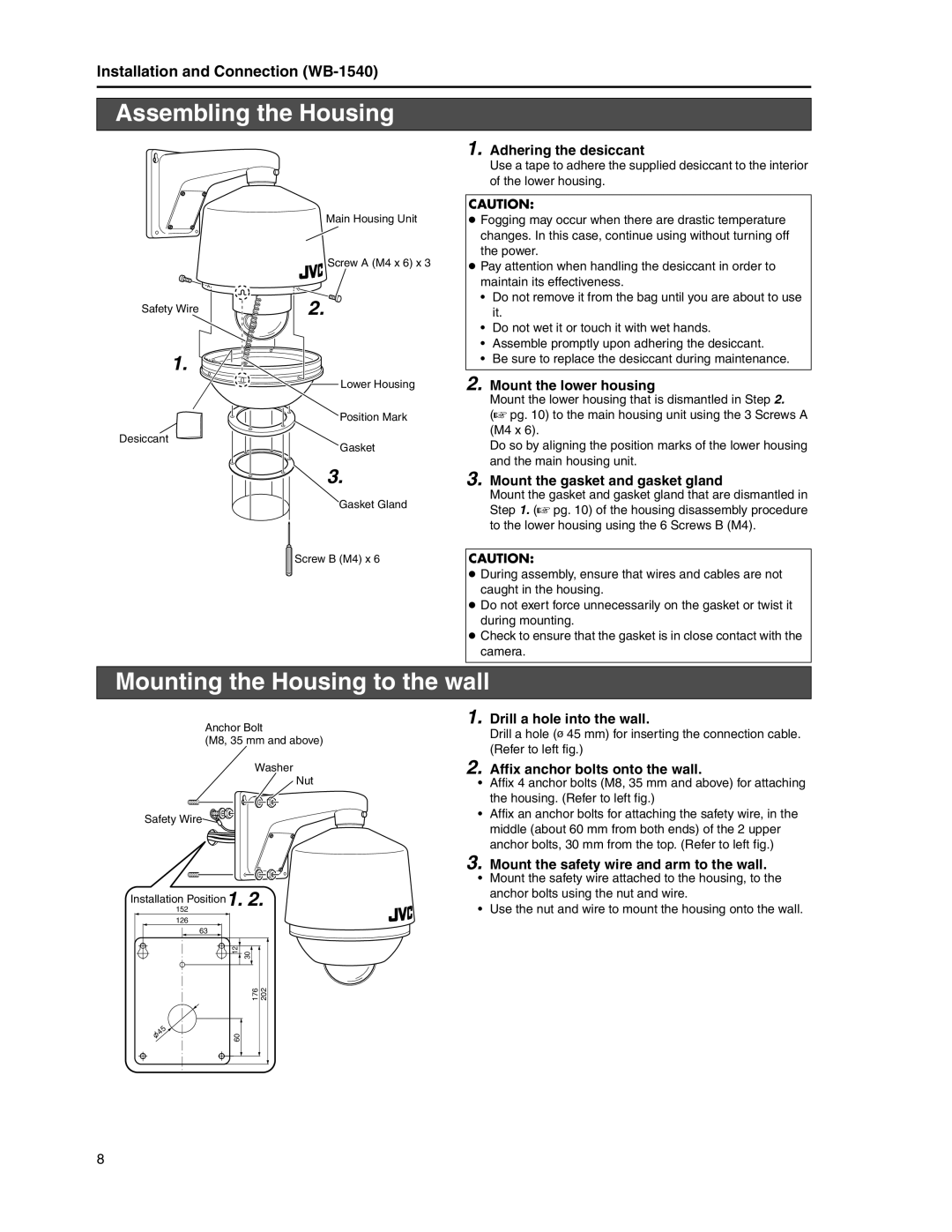 JVC WB-1540, WB-1550 manual Assembling the Housing, Mounting the Housing to the wall 