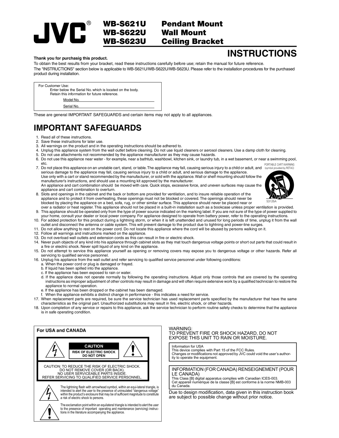 JVC WB-S622U, WB-S623U, WB-S621U installation instructions Instructions, Etc 