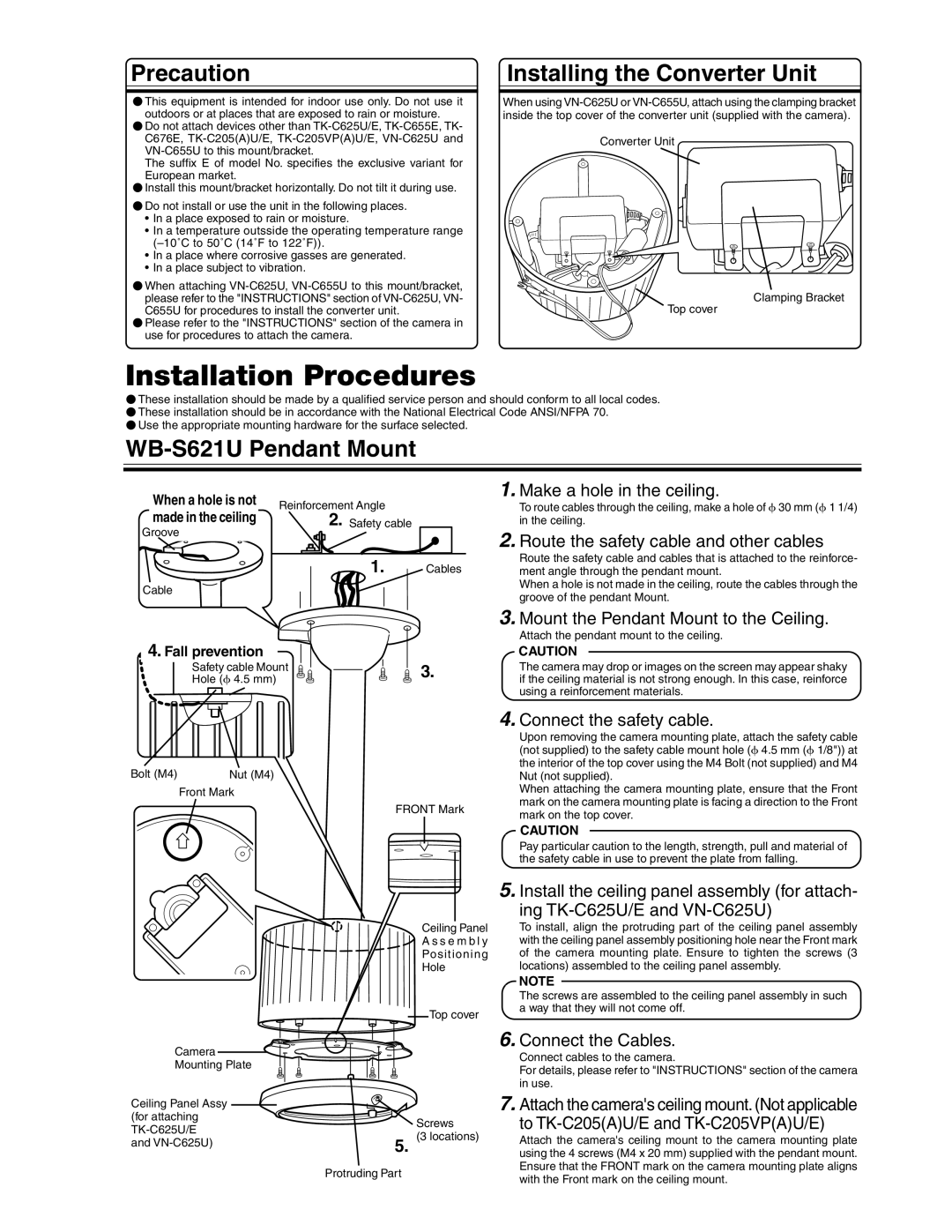 JVC WB-S623U, WB-S622U Installation Procedures, Precaution, Installing the Converter Unit, WB-S621U Pendant Mount 