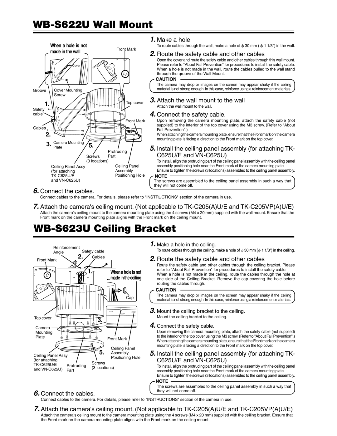 JVC WB-S621U installation instructions WB-S622U Wall Mount, WB-S623U Ceiling Bracket 