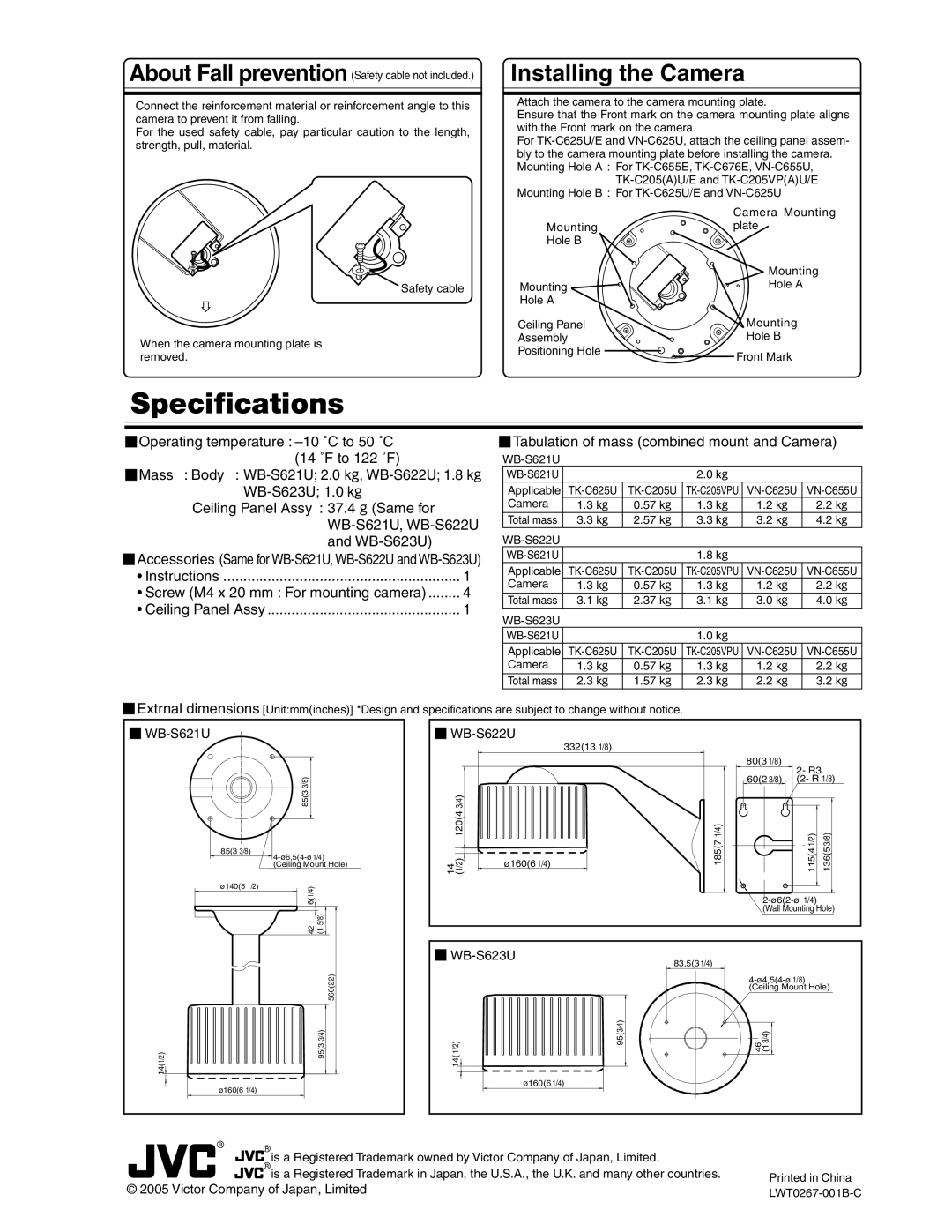 JVC WB-S622U, WB-S623U, WB-S621U installation instructions Specifications, Installing the Camera 