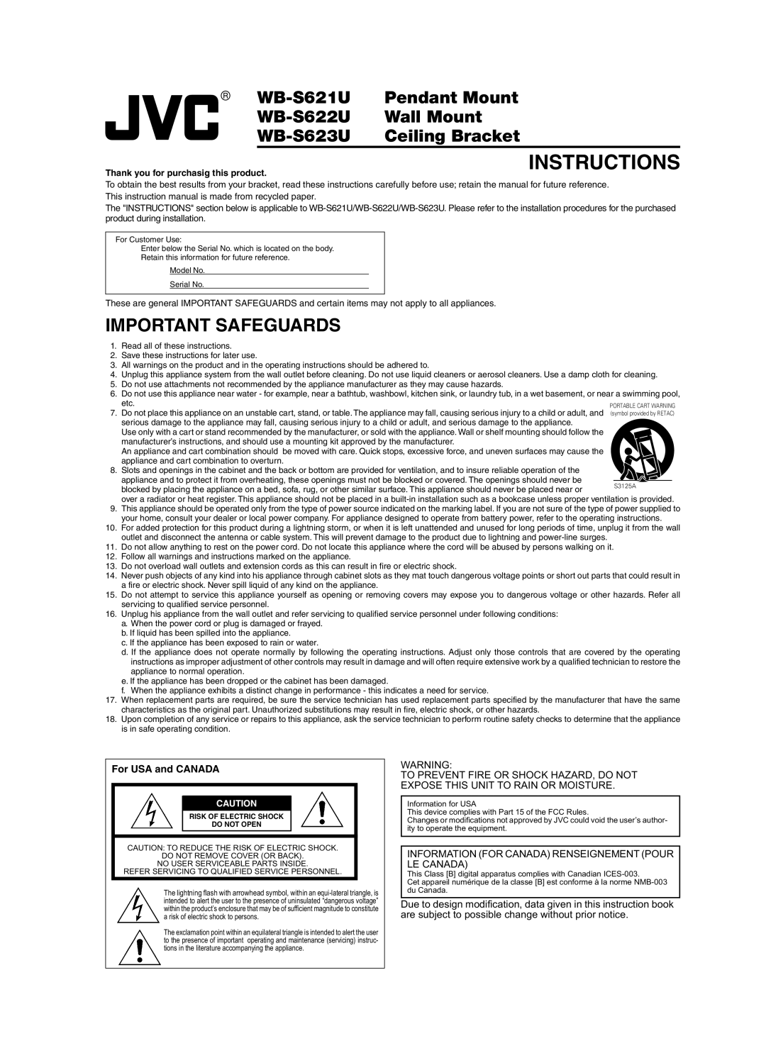 JVC WB-S622U, WB-S623U, WB-S621U instruction manual Instructions 