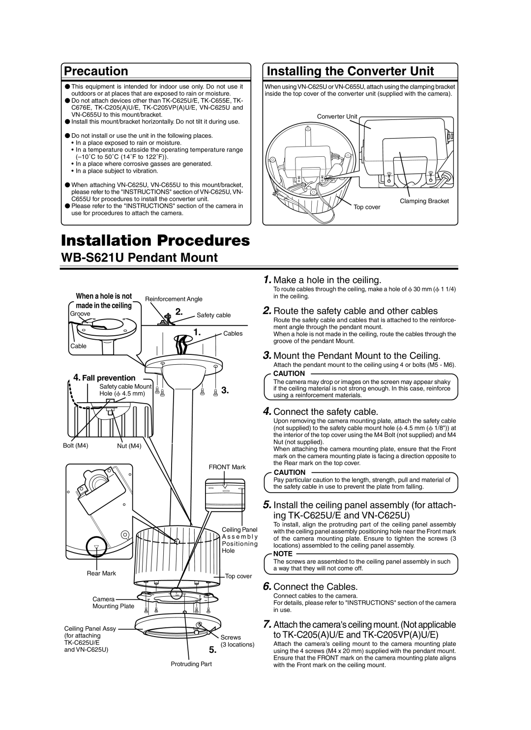 JVC WB-S623U, WB-S622U Installation Procedures, Precaution, Installing the Converter Unit, WB-S621U Pendant Mount 