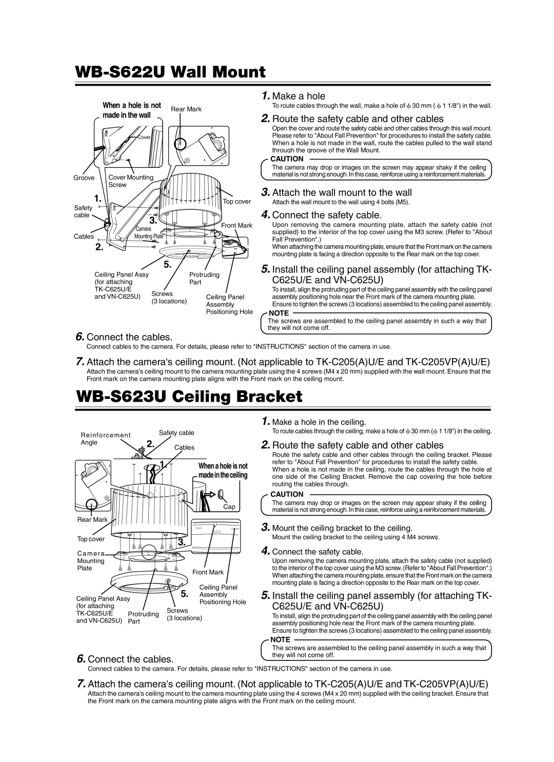 JVC WB-S621U instruction manual WB-S622U Wall Mount, WB-S623U Ceiling Bracket 